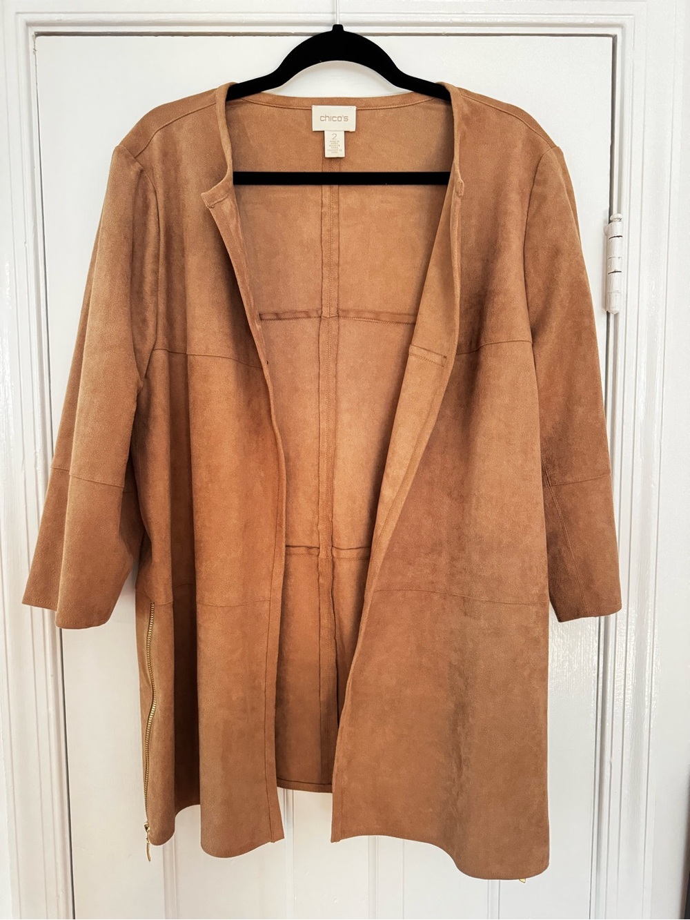 Chico's Suede Faux Suede 3/4 Coat w gold aide zips, size 2